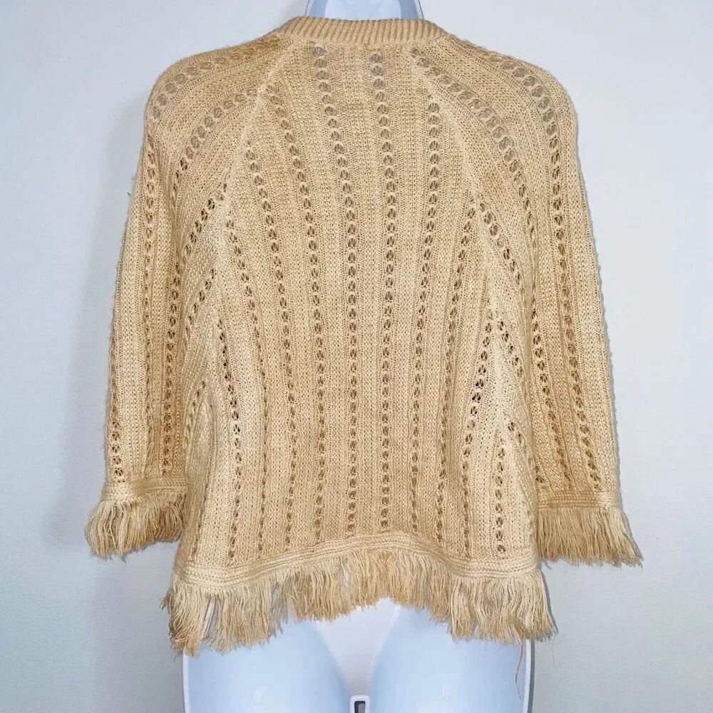 Womens Sweater Poncho OS Beige Sleeveless Cable Knit Fringe One Size - Picture 7 of 9